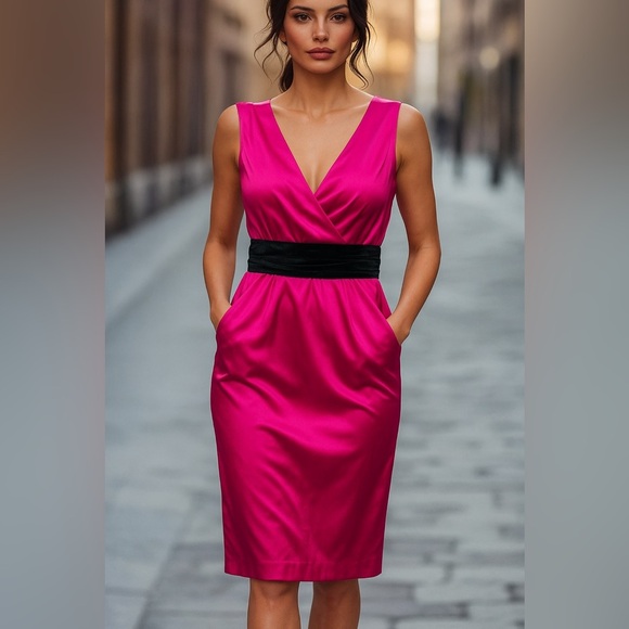 Onyx Nite Fuchsia Pink Black Bow Sexy Evening Semi Formal Satin Dress 6 S - Picture 6 of 8